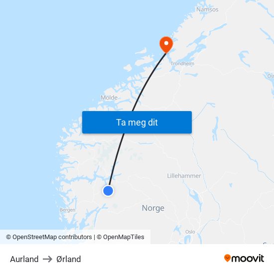 Aurland to Ørland map