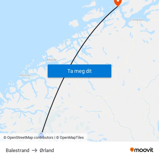 Balestrand to Ørland map