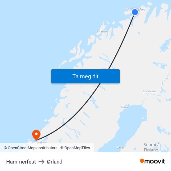 Hammerfest to Ørland map