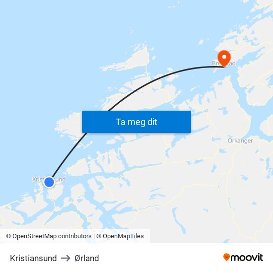 Kristiansund to Ørland map