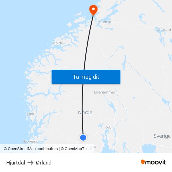 Hjartdal to Ørland map