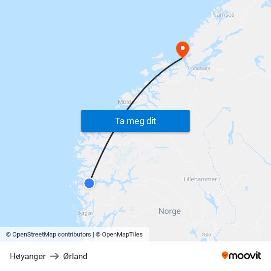 Høyanger to Ørland map