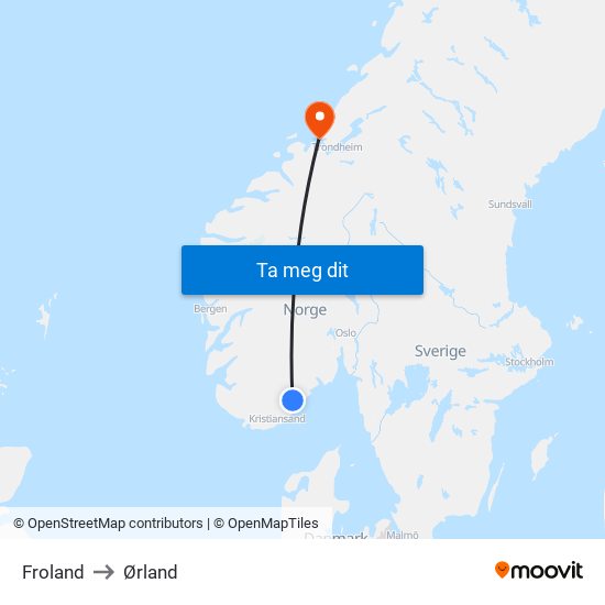 Froland to Ørland map