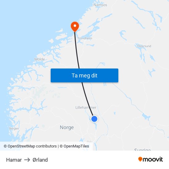 Hamar to Ørland map