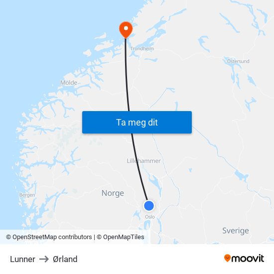 Lunner to Ørland map