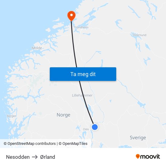 Nesodden to Ørland map