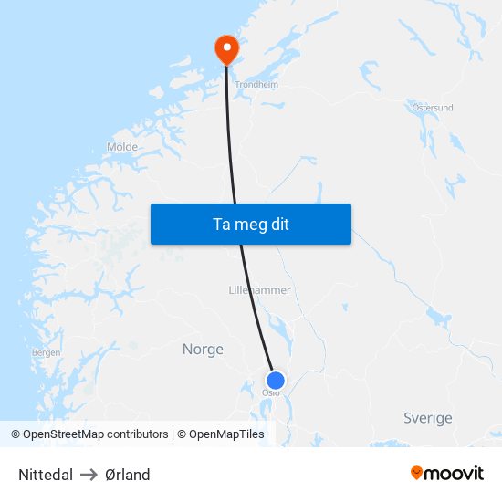 Nittedal to Ørland map