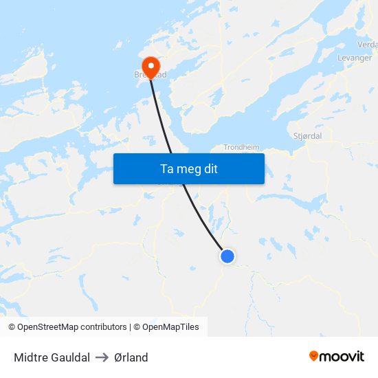 Midtre Gauldal to Ørland map