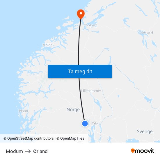 Modum to Ørland map