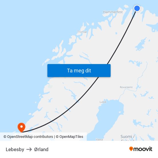 Lebesby to Ørland map