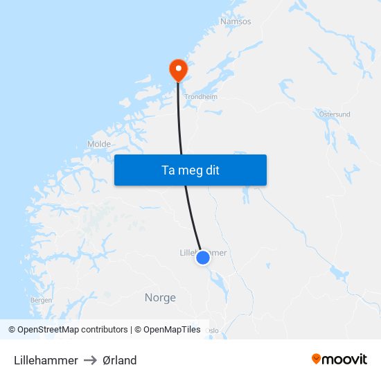 Lillehammer to Ørland map