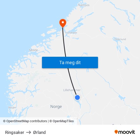 Ringsaker to Ørland map