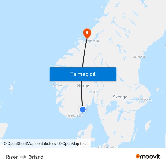 Risør to Ørland map