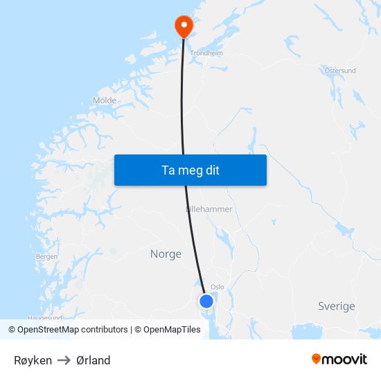 Røyken to Ørland map