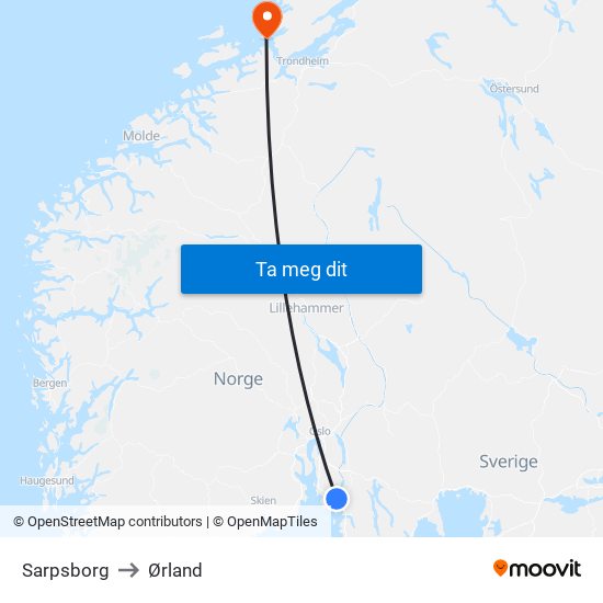 Sarpsborg to Ørland map