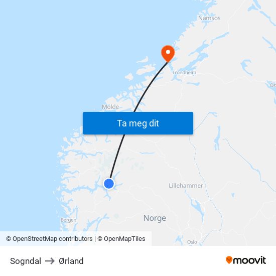 Sogndal to Ørland map