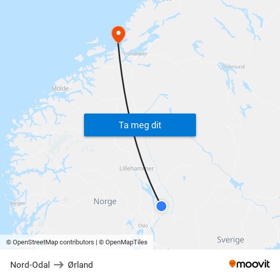 Nord-Odal to Ørland map