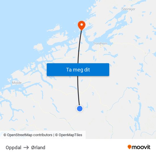 Oppdal to Ørland map