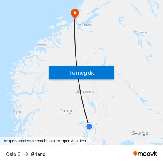 Oslo S to Ørland map