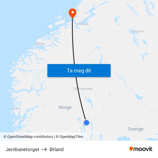 Jernbanetorget to Ørland map