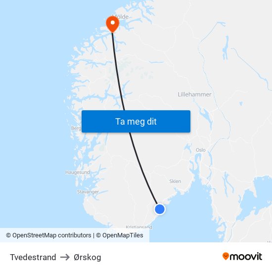 Tvedestrand to Ørskog map