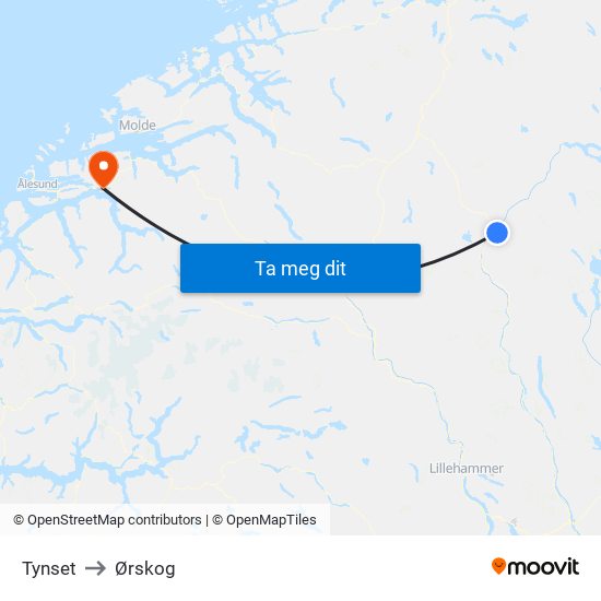 Tynset to Ørskog map