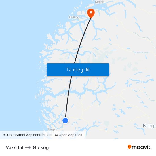 Vaksdal to Ørskog map