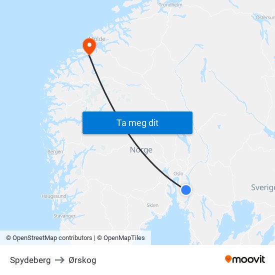 Spydeberg to Ørskog map