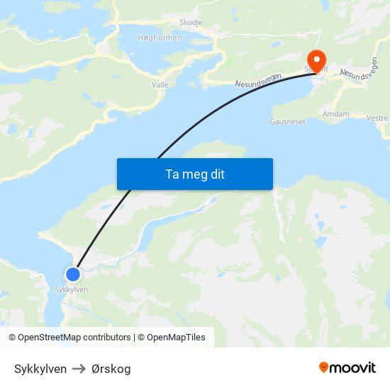 Sykkylven to Ørskog map