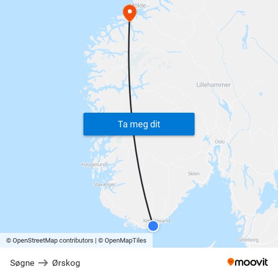 Søgne to Ørskog map