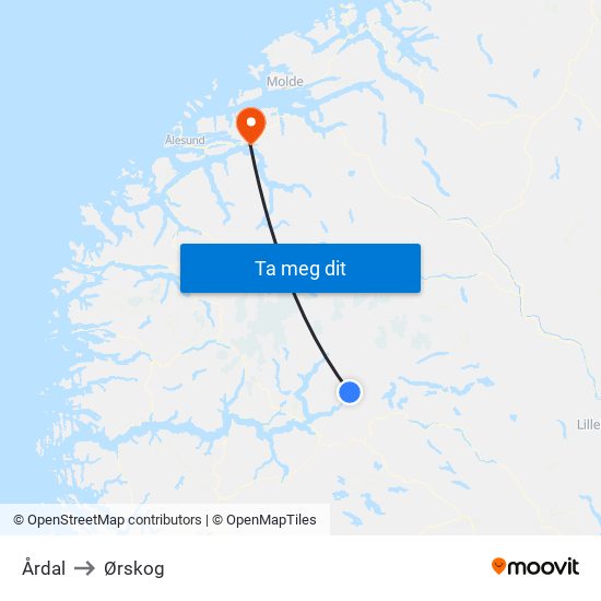 Årdal to Ørskog map