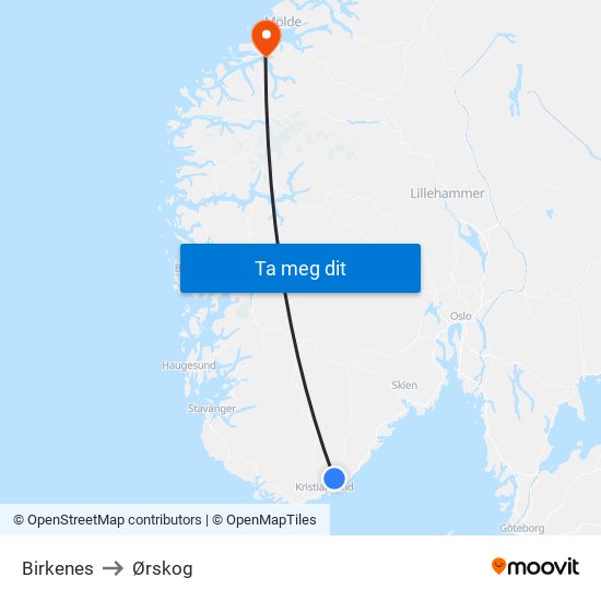Birkenes to Ørskog map