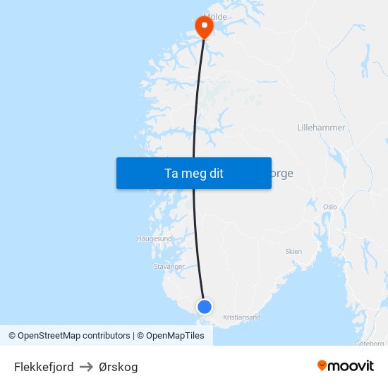 Flekkefjord to Ørskog map