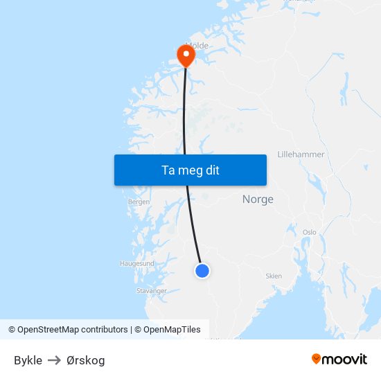 Bykle to Ørskog map