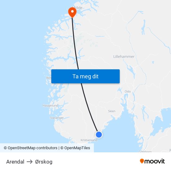 Arendal to Ørskog map