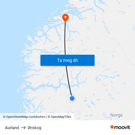 Aurland to Ørskog map