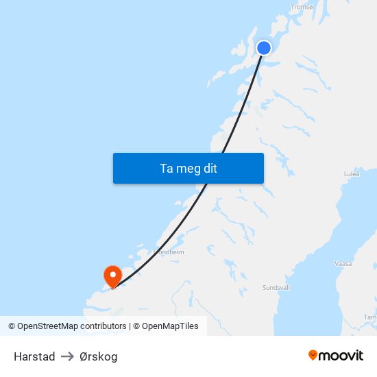 Harstad to Ørskog map