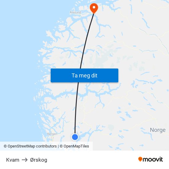 Kvam to Ørskog map