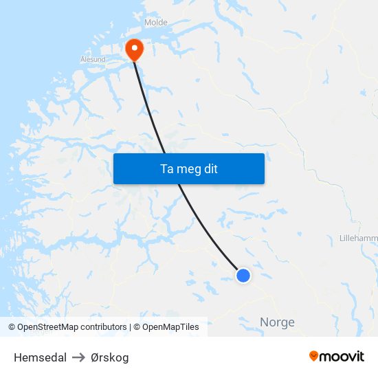 Hemsedal to Ørskog map