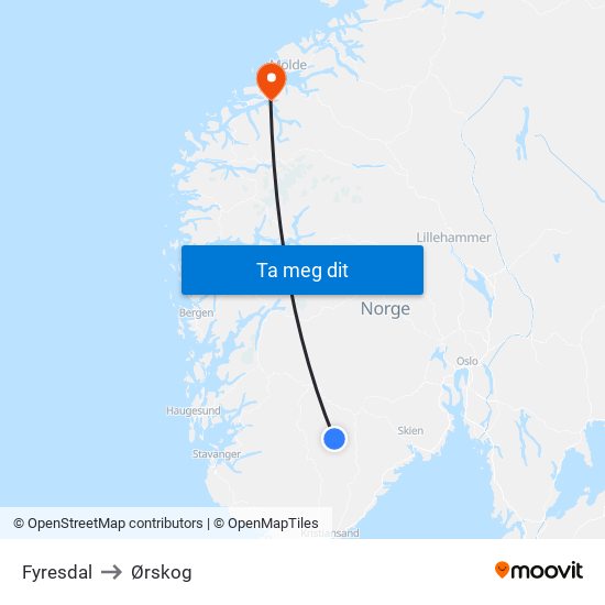 Fyresdal to Ørskog map