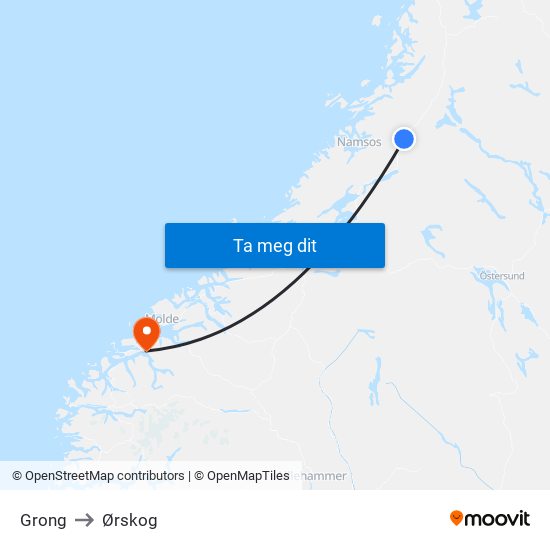 Grong to Ørskog map
