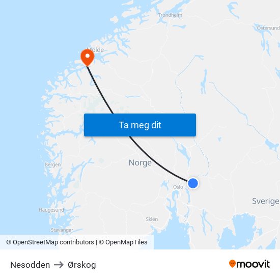 Nesodden to Ørskog map