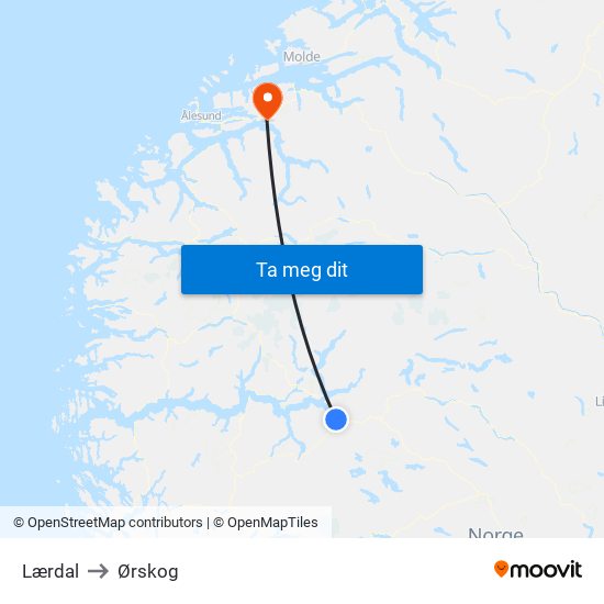 Lærdal to Ørskog map