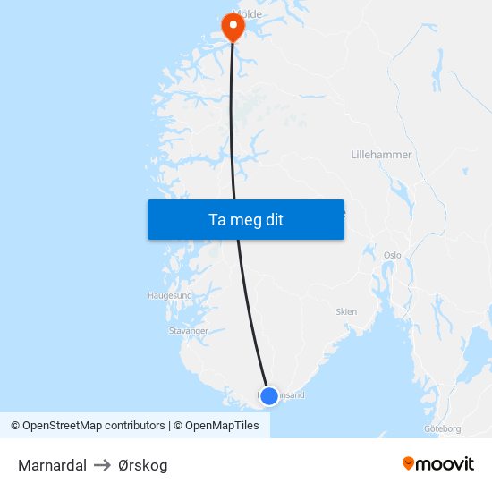 Marnardal to Ørskog map