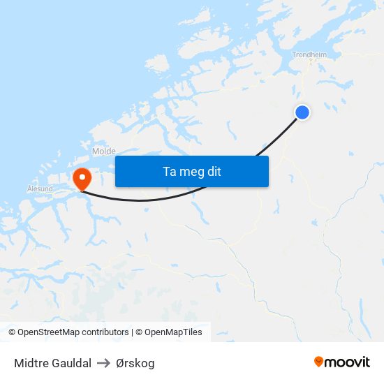 Midtre Gauldal to Ørskog map