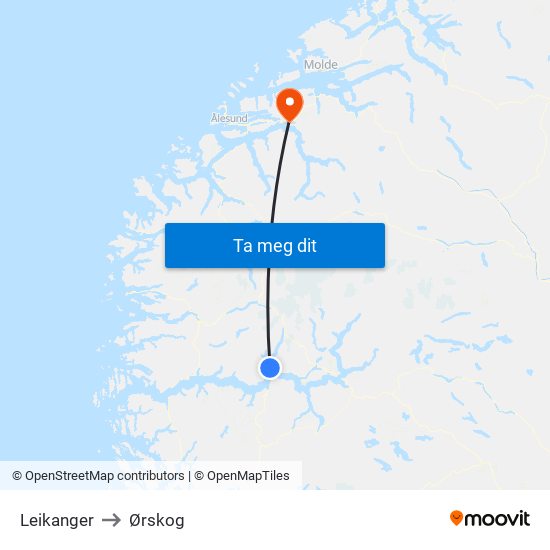 Leikanger to Ørskog map