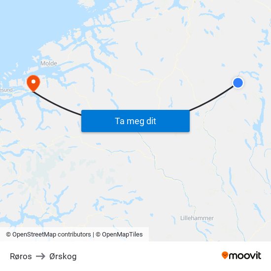 Røros to Ørskog map