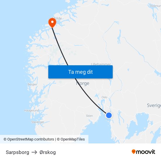 Sarpsborg to Ørskog map