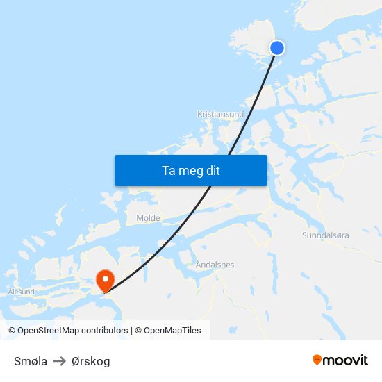 Smøla to Ørskog map