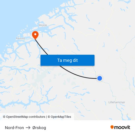 Nord-Fron to Ørskog map